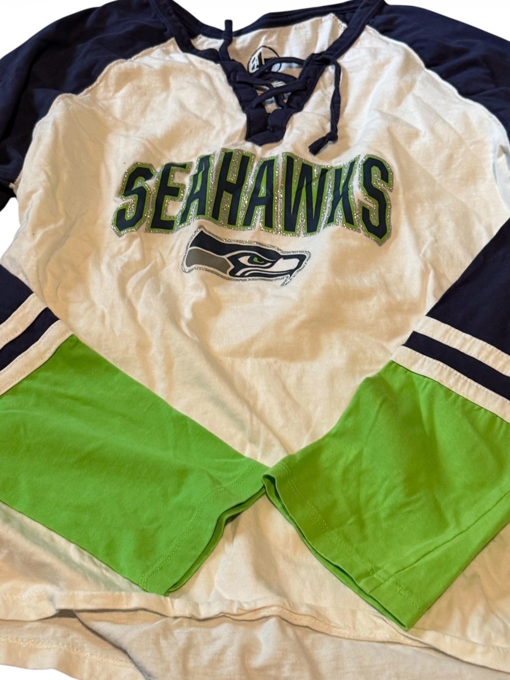 Seattle Seahawks Lace-Up Long Sleeve Tee - White, Navy & Neon Green